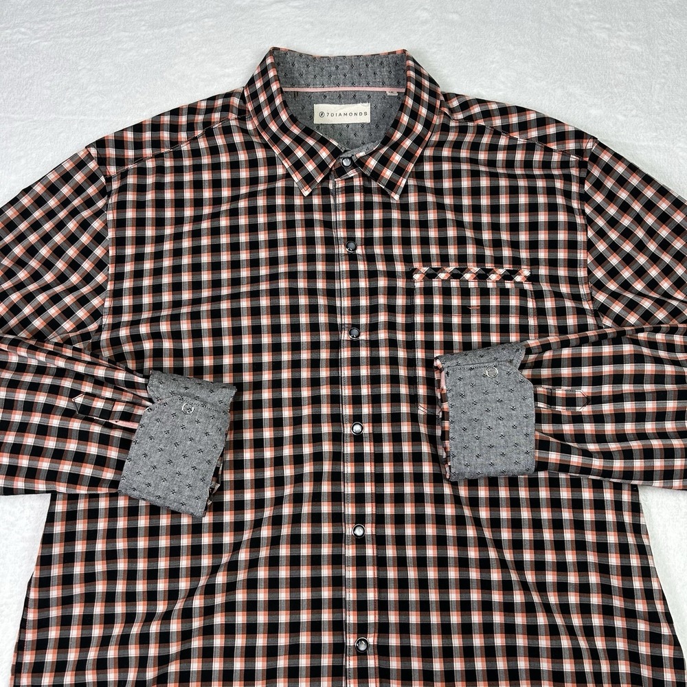 7 Diamonds Shirt Mens Size XL Pearl Snap Black Orange Plaid Western Cowboy‎